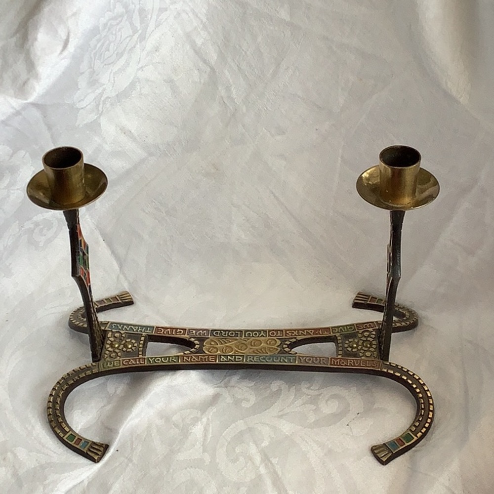 Vintage Terra Sancta Guild 1969 Brass Enamel Double Candle Holders from Israel